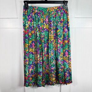 Andrea Gayle Vintage Floral Pleated Midi Skirt Green Purple Pink Size S USA